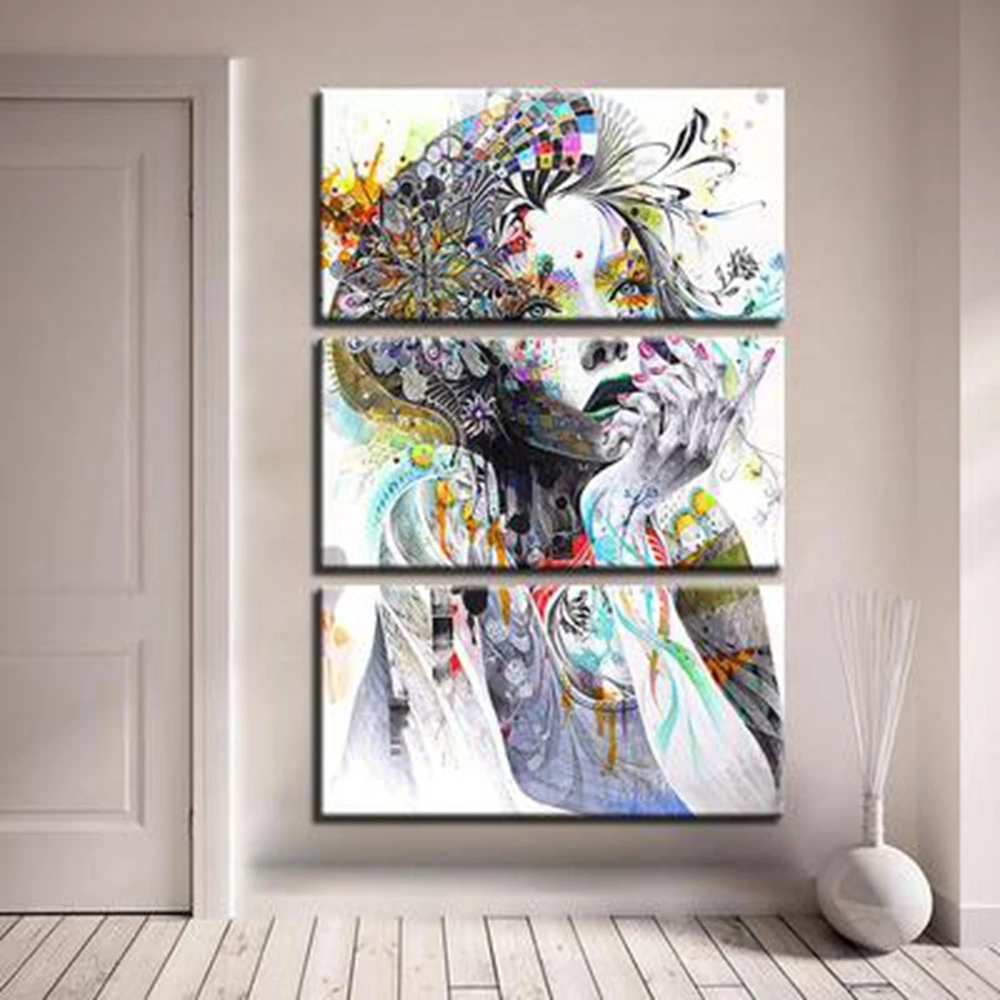 Multicolor Pencil Painting Canvas Print Flower Girl Portrait Artwork Picture for Lobby Area Room Wall Decor 3 Pieces Home Decor