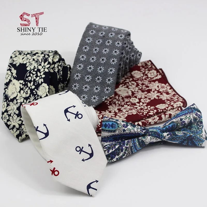 

Cotton Printed Skinny Tie Set And Lots Elegant Pretty Flower Colors Tie Bow Tie Pocket Square For Mens Wedding Party Wholesale