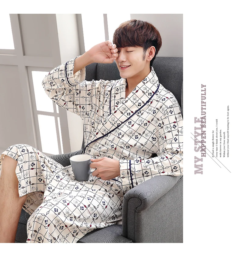 Pijamas мужской 2018 Новый настоящий мужской роскошный халат геометрический халат v-образный вырез хлопок трикотажные пижамы полный рукав плюс
