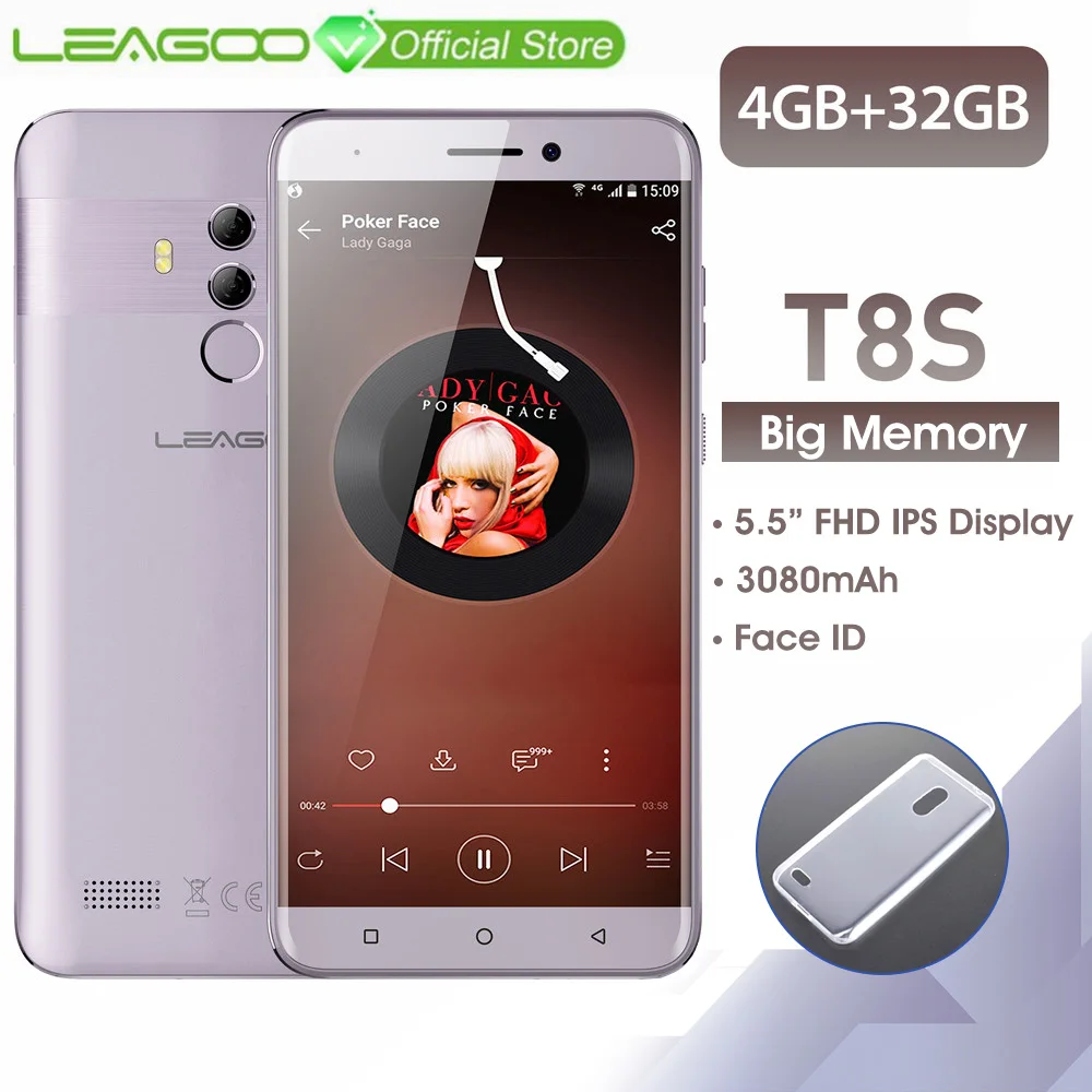 

LEAGOO T8s 4GB RAM 32GB ROM Mobile Phone Android 8.1 5.5'' 1920*1080 MTK6750T Octa Core Face ID 13MP Dual Camera 4G Smartphone