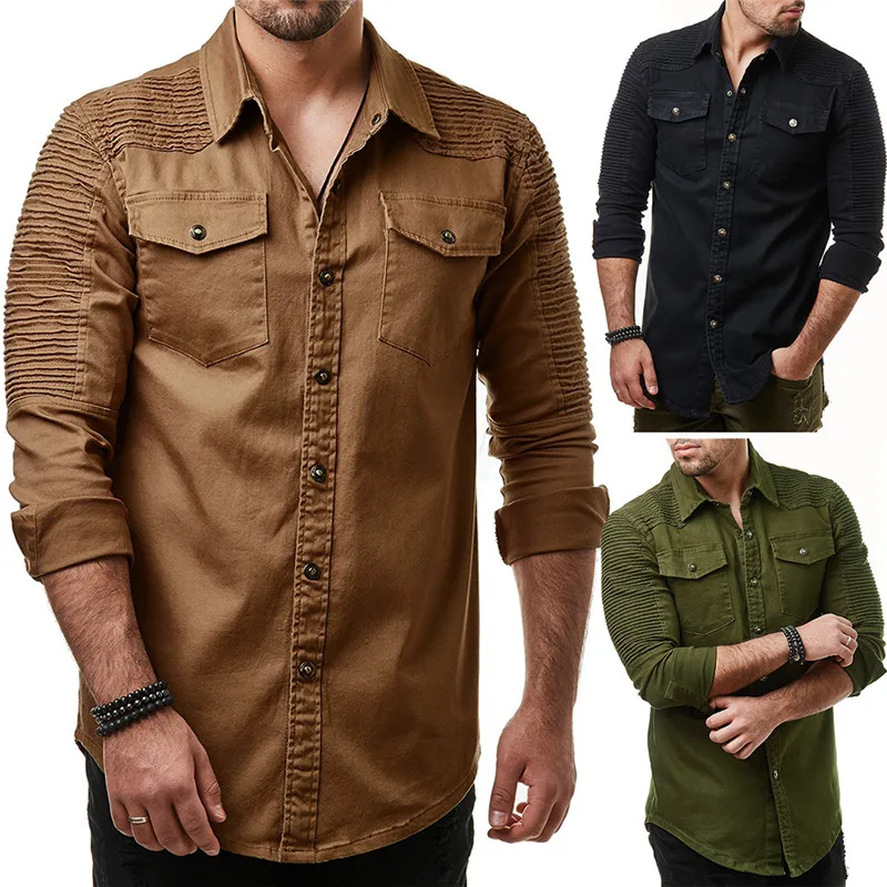 

HuLooXuJi Men Denim Shirts Solid Color Washed Pleated Pocket Slim Fit Long Sleeve Jeans Shirt US Size:M-3XL