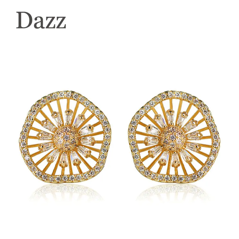 Dazz Sparkling Zircon Hollow Flower Stud Earrings For Women Gold Color Engagement Anniversary Gift Copper Small