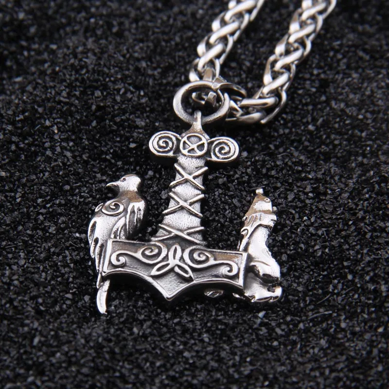 

Dropshiping new arrival stainless steel Viking Wolf and Raven Mjolnir thor hammer rune pendant necklace men gift