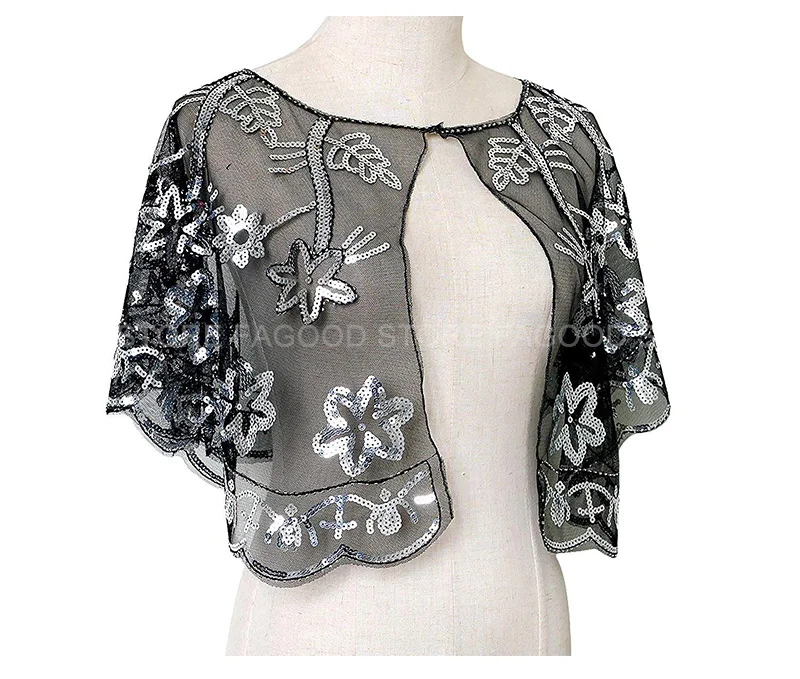 Women Glittering 1920s Shawl Wraps Sequin Beaded Evening Cape Bolero Flapper Cover Up (10)