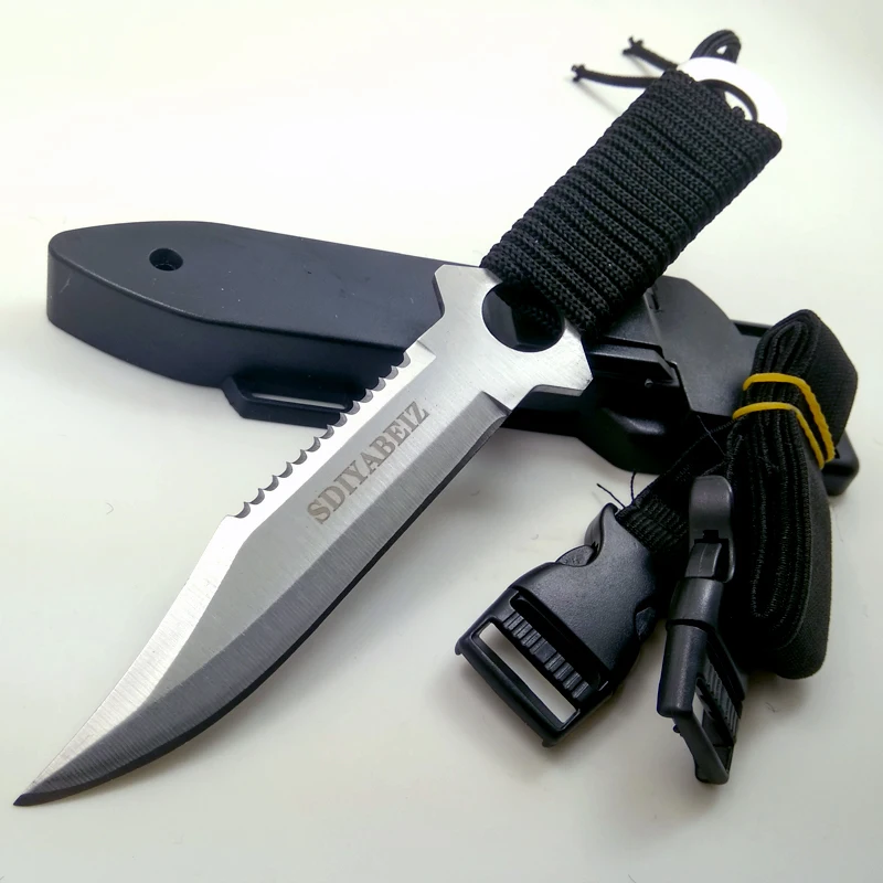 Online Cuchillo de hoja fija caza Acero inoxidable ejército táctico cuchillos al aire libre Camping herramienta de mano vaina buceo supervivencia cuchillo SDIYABEIZ