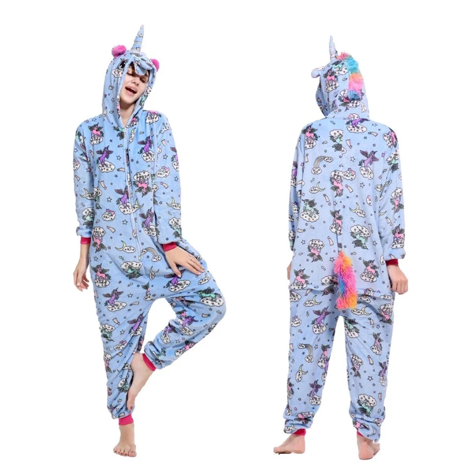 Розовый Единорог пижамы для детей взрослых Аниме косплей Кигуруми Onesie пижамы женские пижамы с капюшоном мультфильм цельный комбинезон - Цвет: Blue sky horse