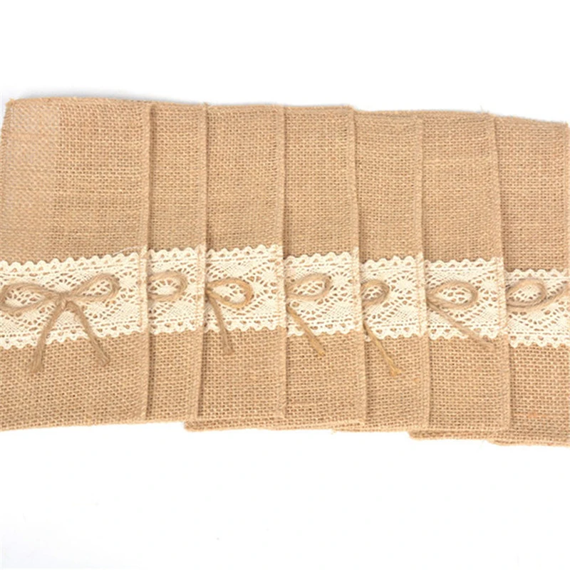 

10Pieces/Lot Tableware Bags Hessian Jute Cutlery Pocket Knife Fork Burlap Lace Bow Pouch Bag Wedding Christmas Table Decoration