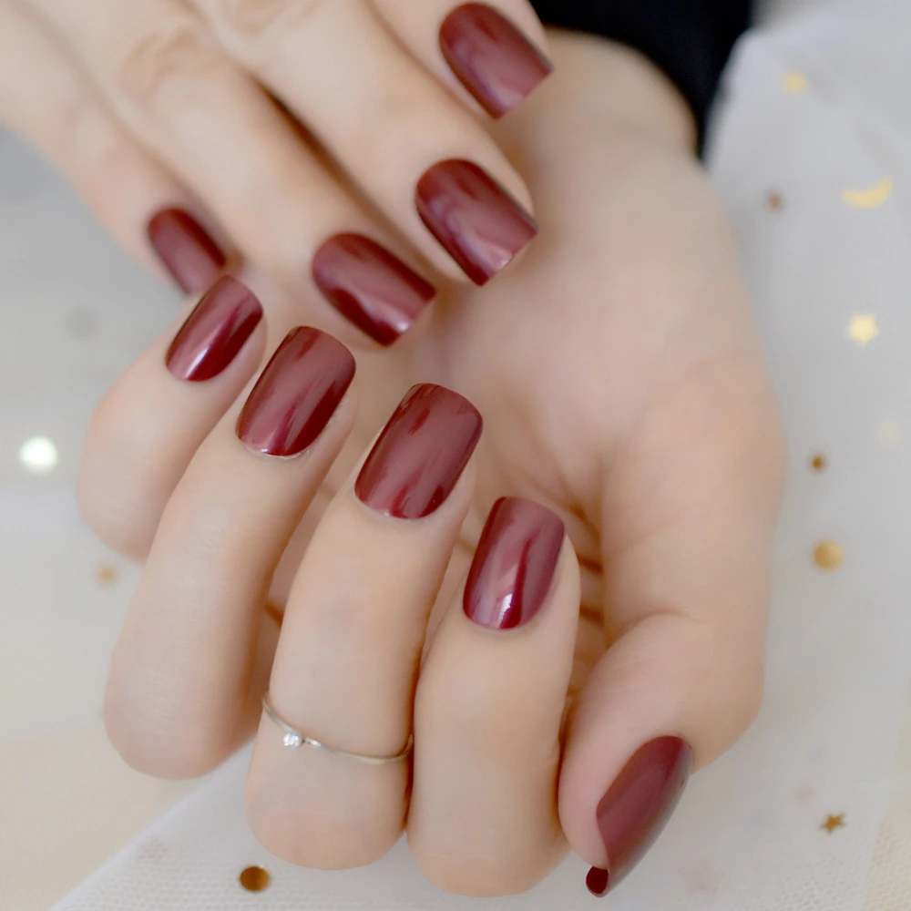 

Shiny Glossy Red Wine Fake Nails Short Dark Color Beautiful Ladies Decoration Nail Tips 24pcs/kit with glue sticker
