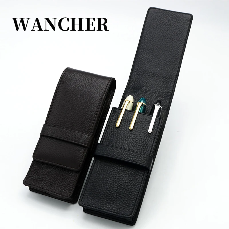 Pen Bag Pen Storage Pencil Bag Wancher Genuine Leather Fountain Pen Case Cowhide 3 Pens Holder Pouch Sleeve