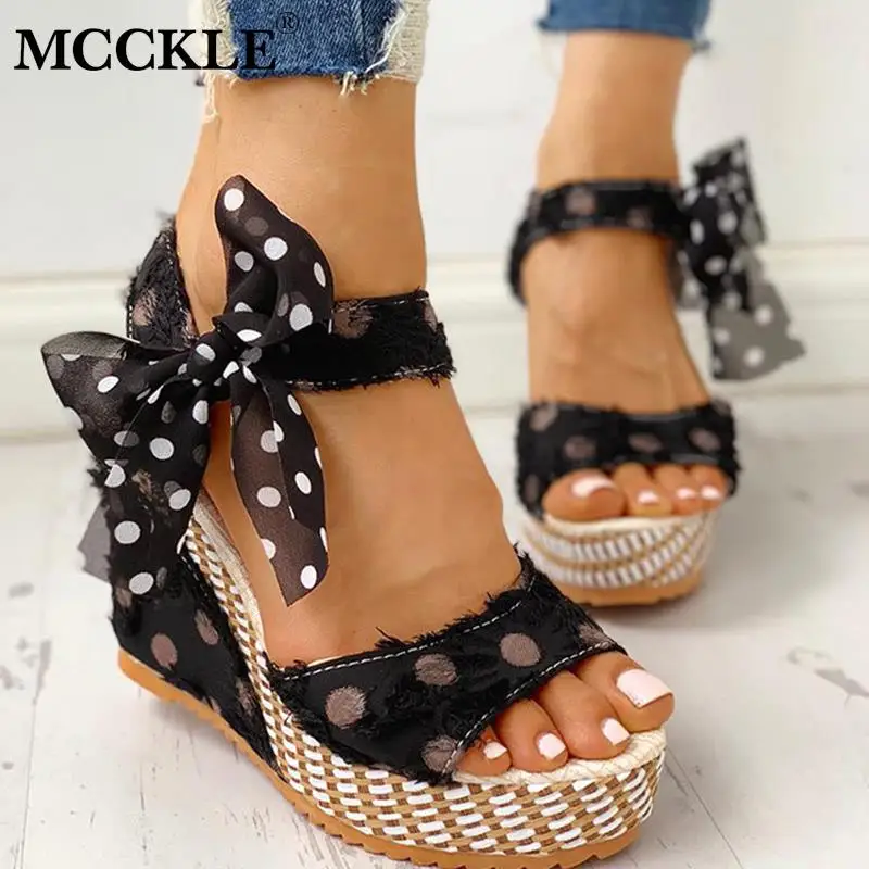

New Women Sandals Dot Bowknot Design Platform Wedge Sandals Female Casual Shoes Ladies Fashion Ankle Strap Open Toe Sandals