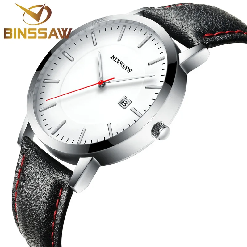 BINSSAW 2017 новые мужские Кварцевые водонепроницаемые часы с кожаным календарем