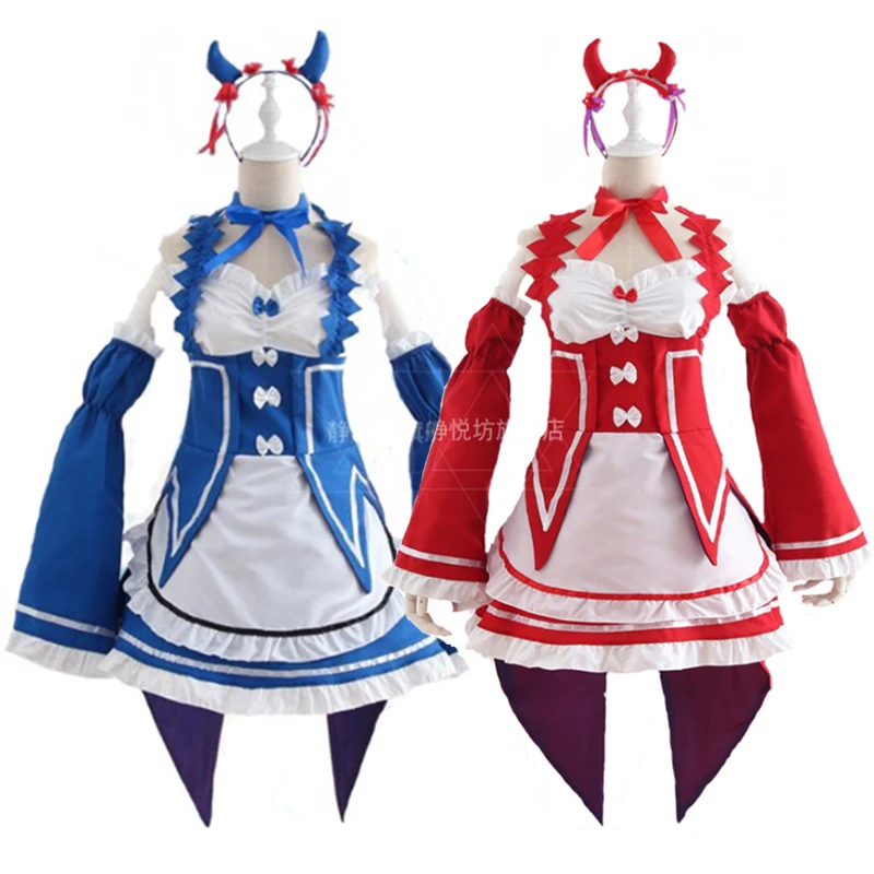 Ram Rem Cosplay Re zero Kara Hajimeru Isekai Seikatsu black blue red Costume Maid Servant Dress