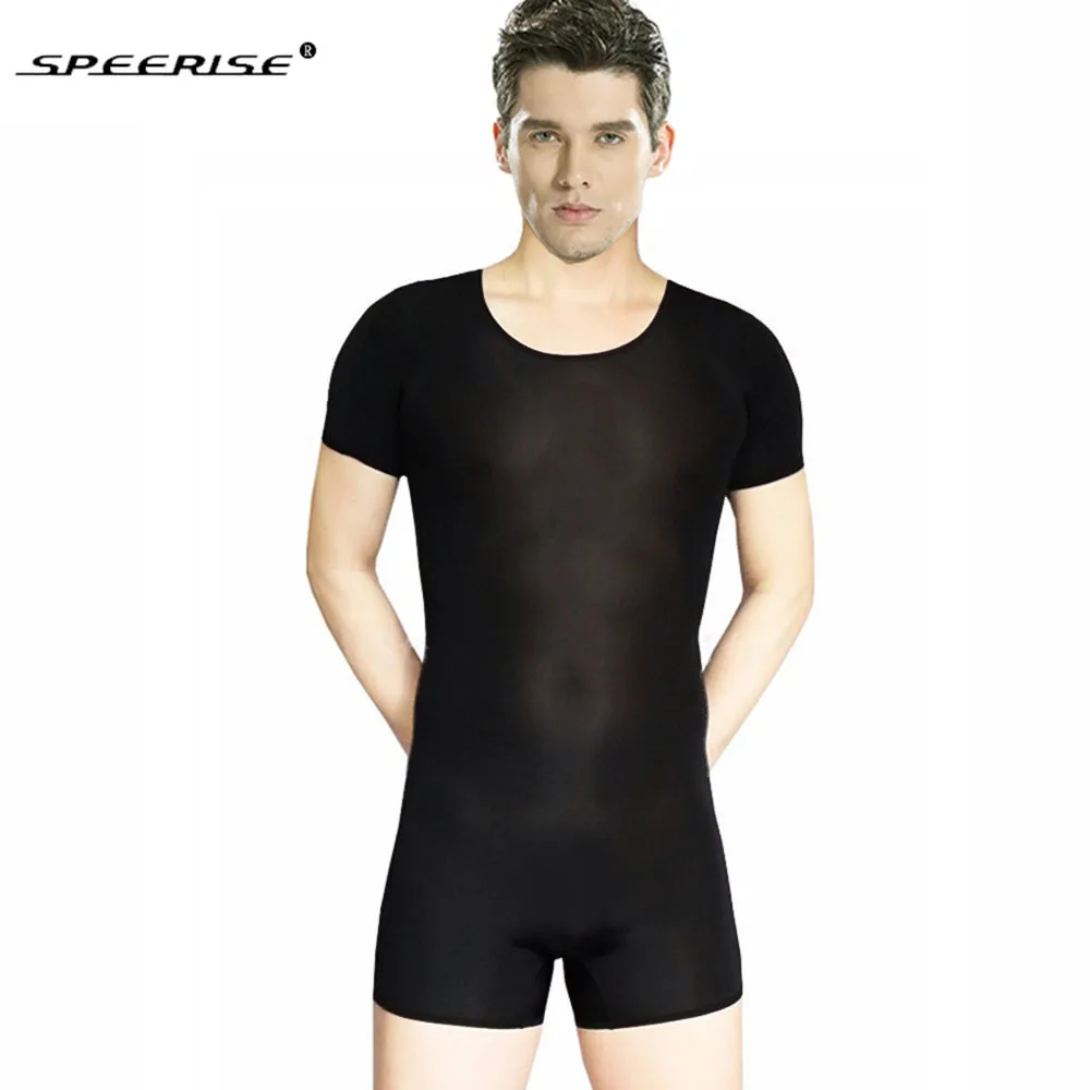 SPEERISE Men One Piece Basic Unitard Adult Ballet Short Sleeve Scoop Neck Stretch ballet Unitards Gymnastics Bodysuit Dancewear -