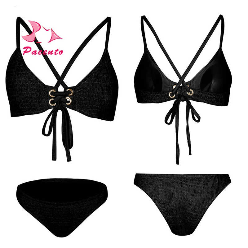 Pacento cross strappy crochet bikini brazilian solid white black plus size swimwear women XL bathing suit bandage biquine plavky