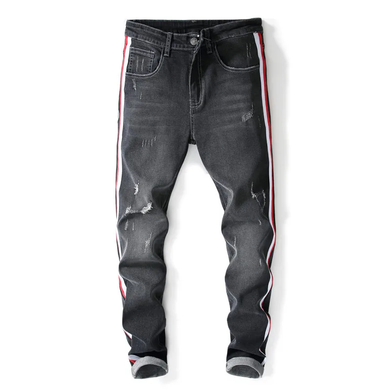 Mens jeans side stripe Hole embroidered jeans Slim men trousers NEW 2018 men's Casual Denim Pants Classic Cowboys Young Man 8801