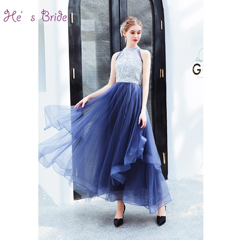 

He's Bride Sweet Light Blue Prom Dress Sleeveless Sexy Halter Sequins A-line Ankle -length Prom Formal Grown Robe De Soiree