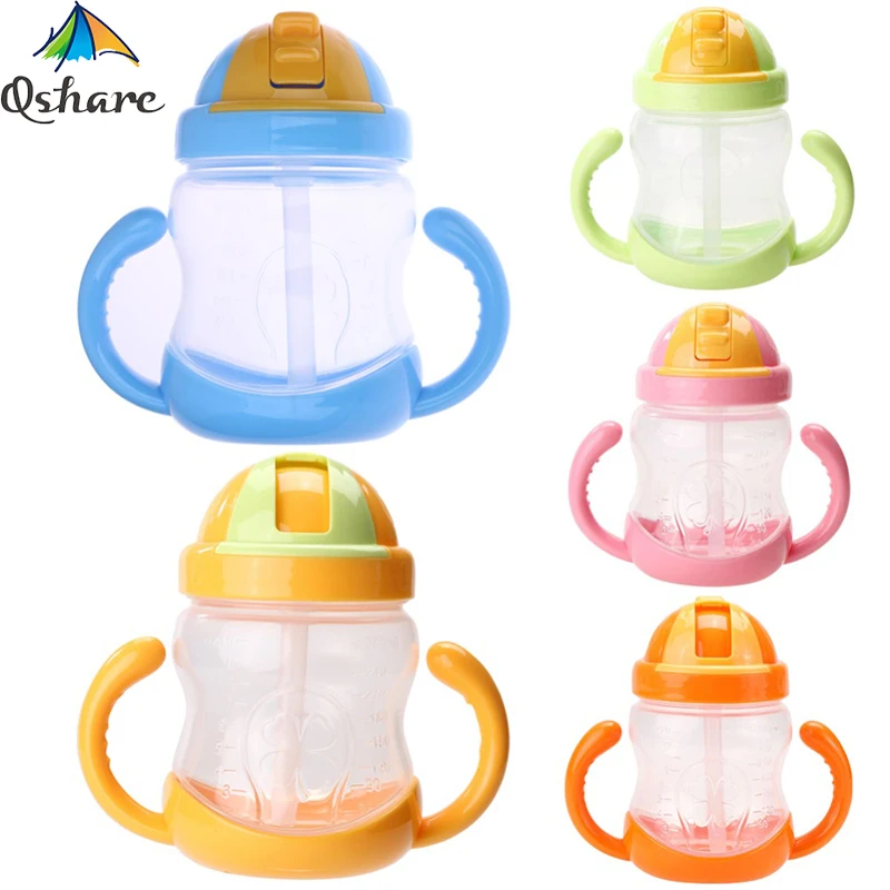 

Qshare 280ml Baby Bottle Kids Cups Silicone Sippy Training Drinking Water Cups Straw Handle Baby Milk Powder Feeding Bottle