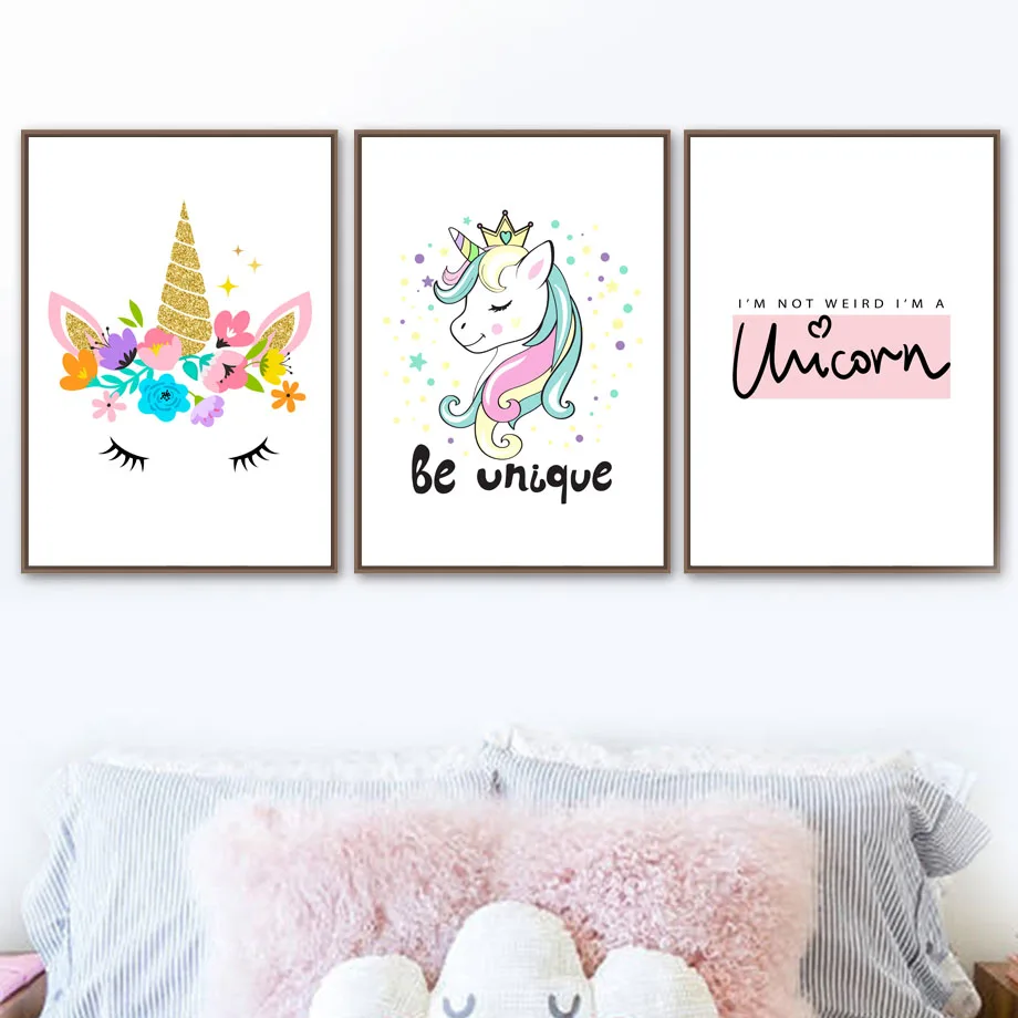 3 Personalised Rainbow Unicorn Prints Modern Nursery Room Wall Art Pictures