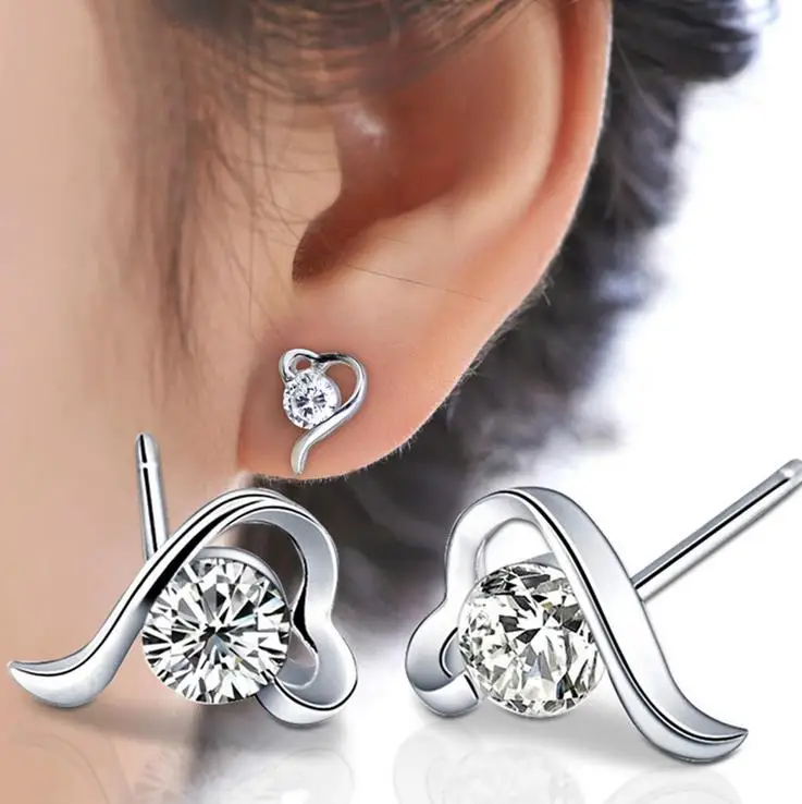 

New Arrival Crystal Jewelry 30% Percent Silver Plated Round Zircon Earring Heart Shape Wedding Stud Earrings For Women 1Y058