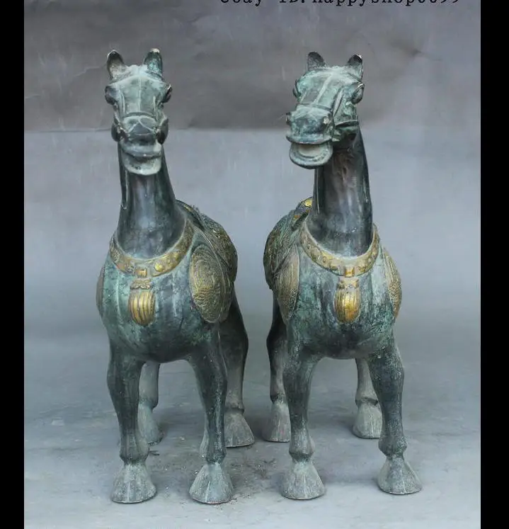 

671117004+++Folk Old Chinese Bronze Gilt Dragon Phoenix Horse Animal Auspicious Statue Pair