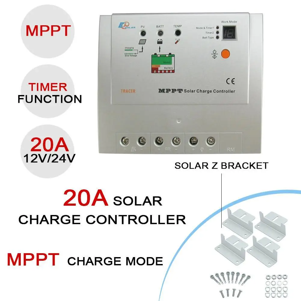 

20A MPPT Solar Panel Battery Regulator Charge Controller 12V 24V Auto Switch+4X Z bracket Mount Flat Roof Wall Aluminum Set EH