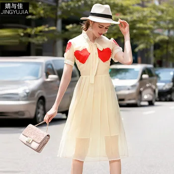 

Summer Dress 2019 Women's New Bow Collar Short Sleeved Heart Embroidered Slim Perspective Pleated Dress Female S-XL