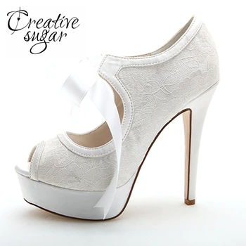 

Creativesugar open toe high heels summer boots lace up ribbon tie women's evening dress shoes wedding party cocktail platform