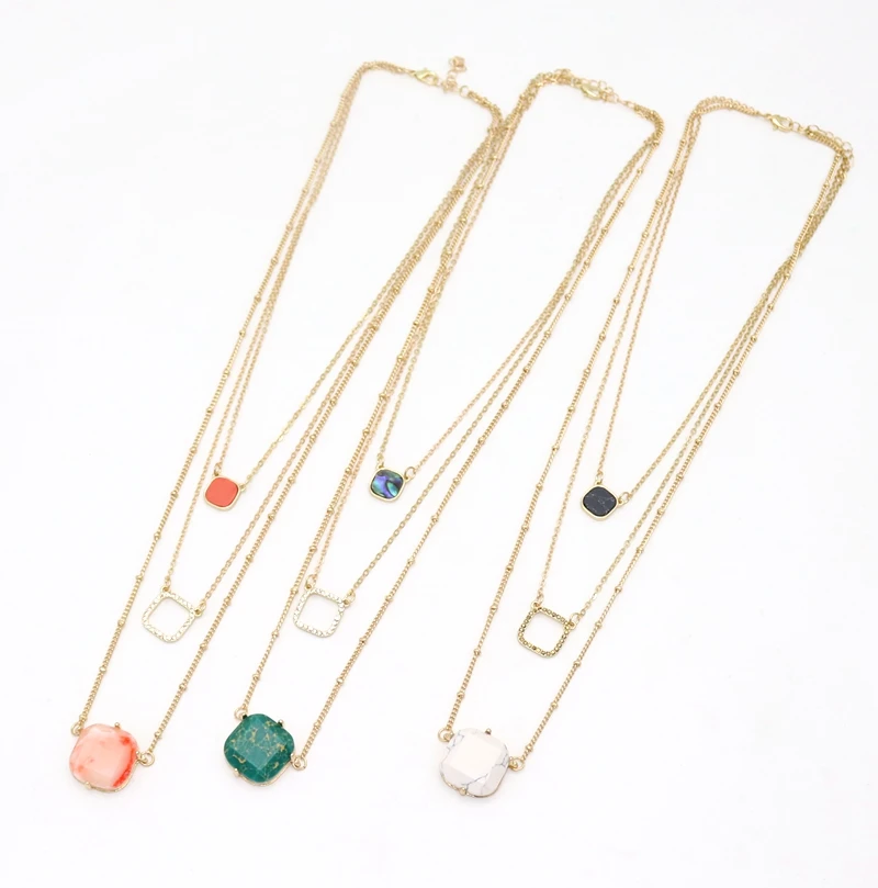 

2018 new 3 Layers crystal square Faux Stone Pendant Spring Office Elegant Necklace for Women Fashion Accessorie