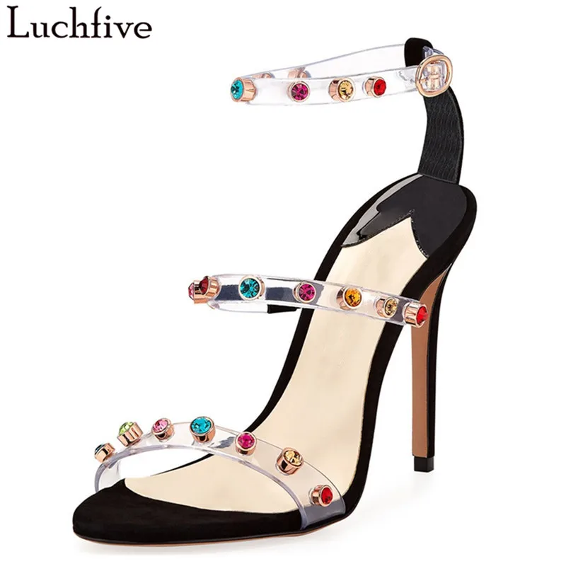 

Luchfive Clear Strap Colorful Rhinestone Sandals Women Genuine Leather 10 cm High Heels Metal Studded Party Dress Shoes Women