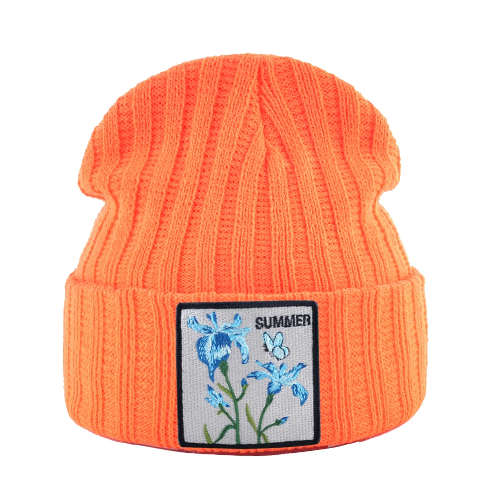 Вязаные шапки для женщин уличная одежда Skullies Beanies с цветком патч Весна Осень Вязание Gorra Мужская зимняя шапочка в стиле кэжуал Кепка