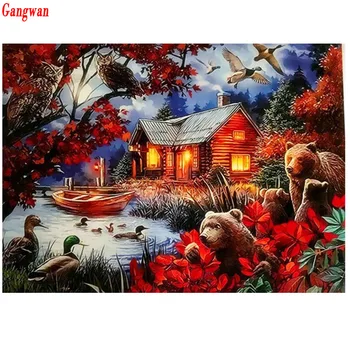 

Full Diamond Embroidery Brown bear,duck,lake,boat,village,Landscape Autumn Diamond Painting 3d Picture Rhinestones kits decor