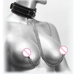 FFFSEX Горячая сексуальная Экзотическая одежда ошейник из искусственной кожи с зажимы для сосков раб воротник секс связывание сексуальные