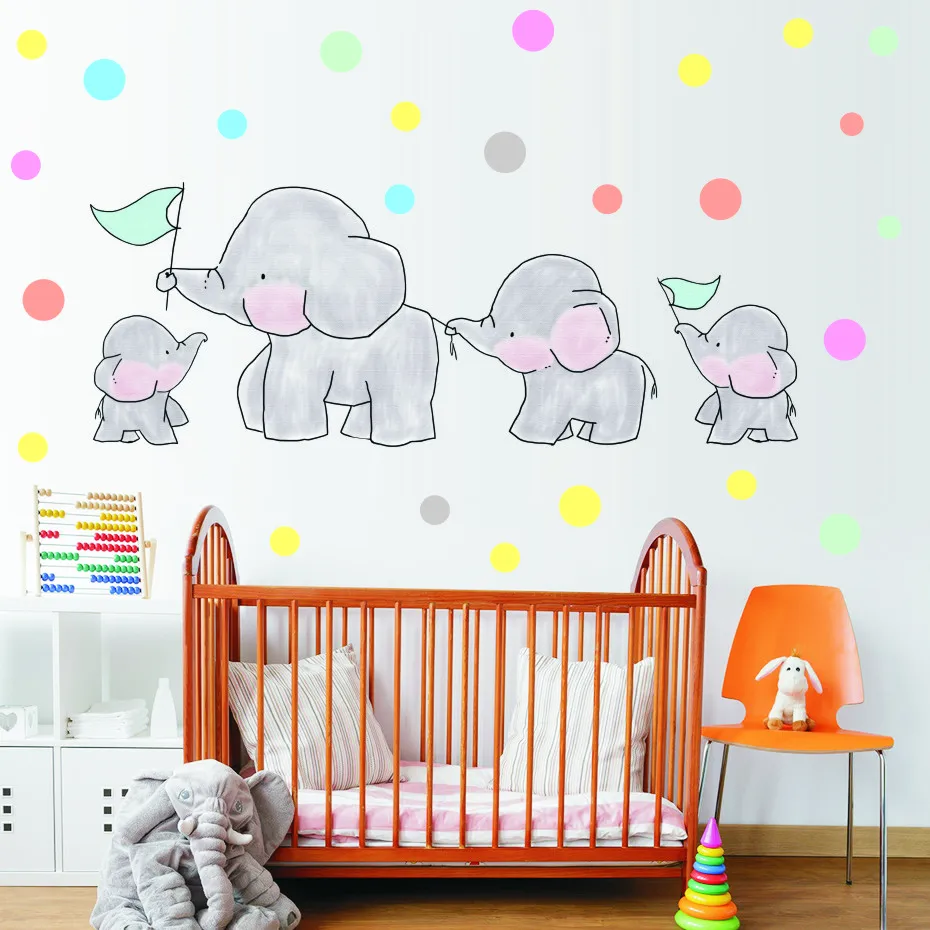 

60*20cm Elephant Dots Design Vinyl Wall Sticker Colorful Cartoon Animal Wall Decal for Kids Room Bedroom Home Decor