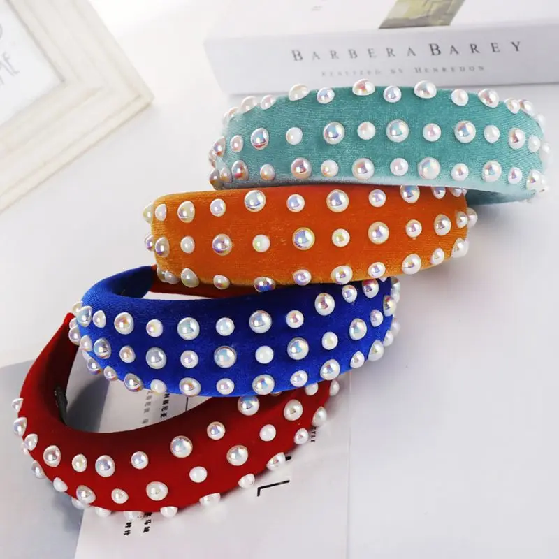 

Women Thicken Pad Wide Sponge Headband Three Rows Glitter Imitation Pearl Beaded Hair Hoop Retro Banquet Party Jewelry Headpiece