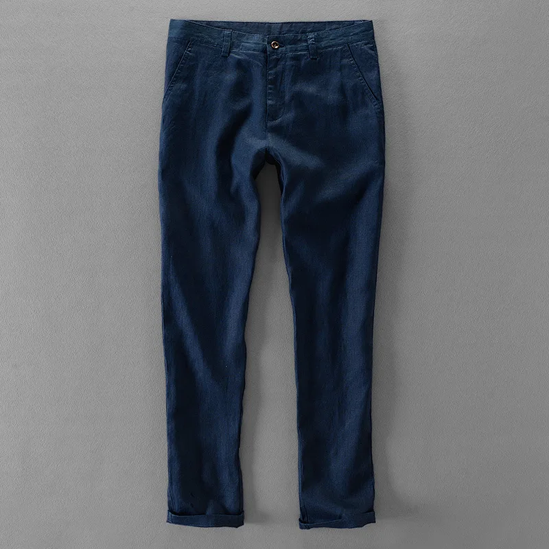 Summer Mens 100% Linen Casual Pants Cool Thin Breathable Trousers Straight Business Cargo