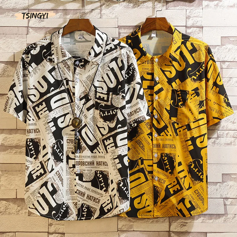 

Tsingyi 5XL Japanese Summer Hawaiian shirt 3D print Newspaper Streetwear Aloha shirt Men Women Overhemden heren Beach Shirts