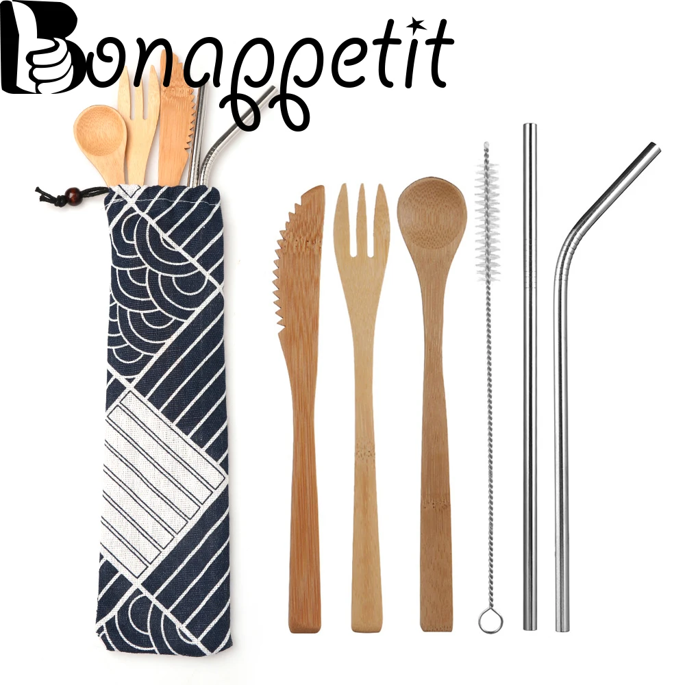 

1 Set Japanese Style Wooden Bamboo Cutlery Straw Cutlery Set With Cloth Bag Kitchen Cooking Tools Travel Dinnerware Set