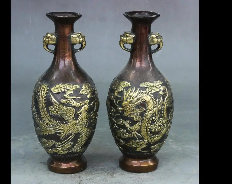 

671117010+++China Palace Bronze Gilt Dragon Phoenix Statue Lion Head Handle Bottle Vase Pair