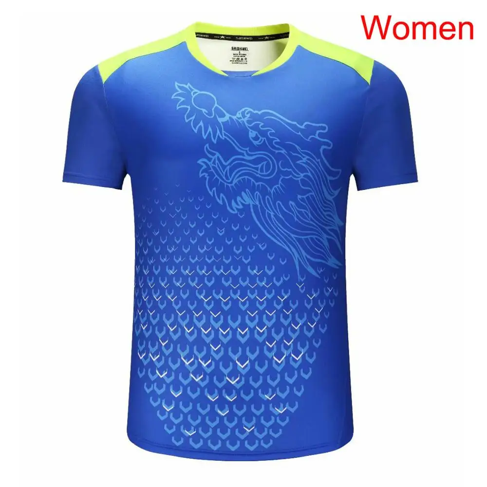 Китайская теннисная футболка с драконом, мужская, женская футболка для настольного тенниса, быстросохнущая футболка для бадминтона, спортивная одежда для спортзала, теннисная форма - Цвет: Women Blue Shirt