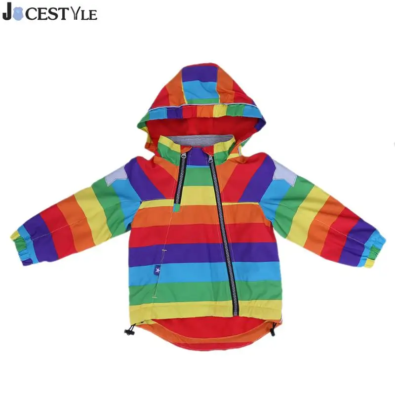 

JOCESTYLE Boys Girls Jacket Rainbow Stripes Windproof Diagonal Zipper Thicken Fleece Hooded Children's Jackets Clothing