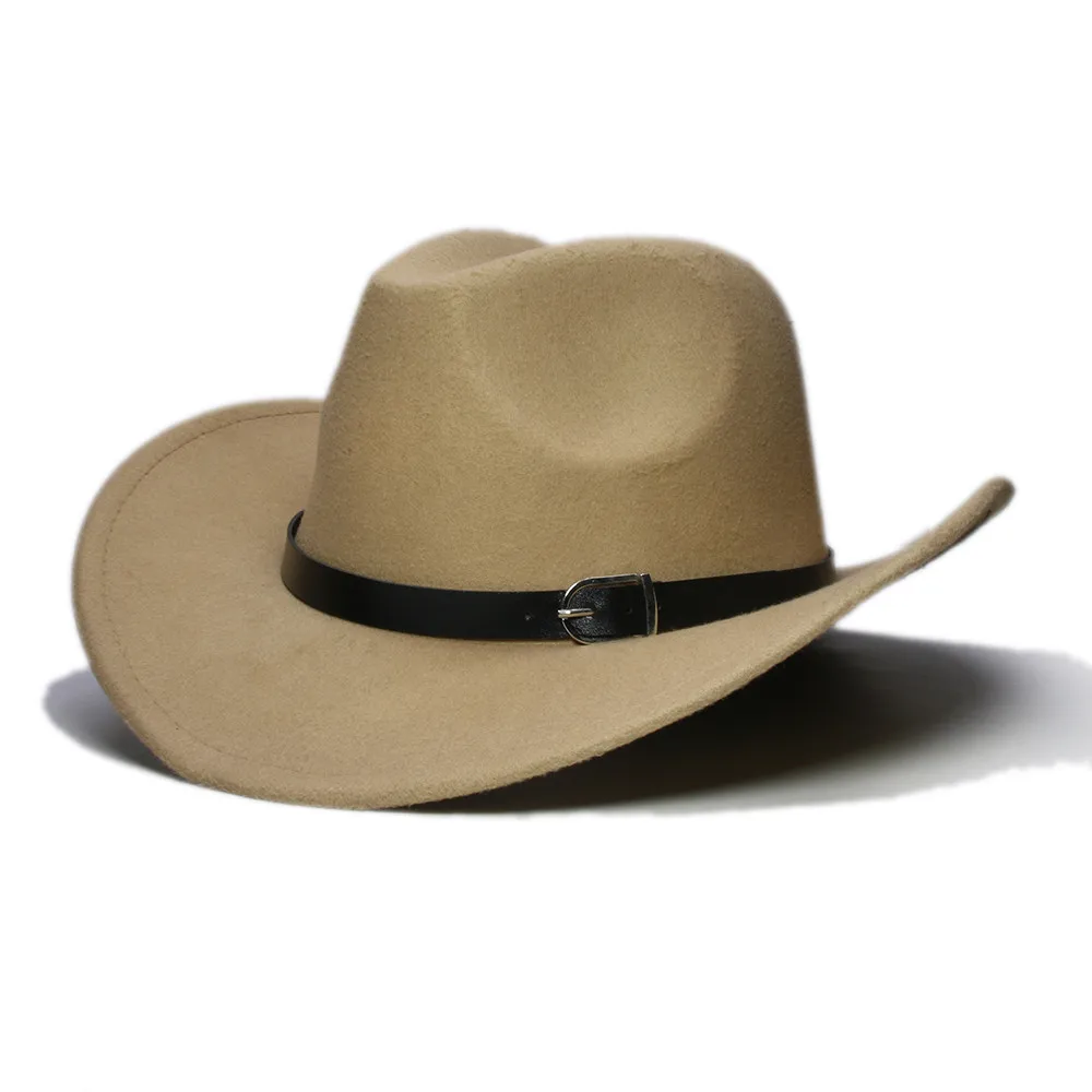 LUCKYLIANJI, для мальчиков и девочек, с широкими полями, кантри, ковбойская шляпа с кожаным ремешком, фетровая шляпа, фетровая шляпа из шерсти, джазовая шляпа, Ковбойская шапка для детей - Цвет: Camel