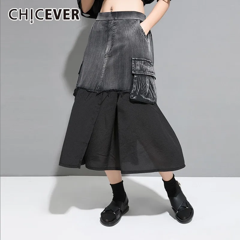 CHICEVER Летняя Повседневная Джинсовая Лоскутная шифоновая юбка для женщин эластичная высокая талия Карманы Свободные размера плюс женские юбки Новинка