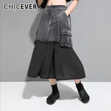 CHICEVER Летняя Повседневная Джинсовая Лоскутная шифоновая юбка для женщин эластичная высокая талия Карманы Свободные размера плюс женские юбки Новинка
