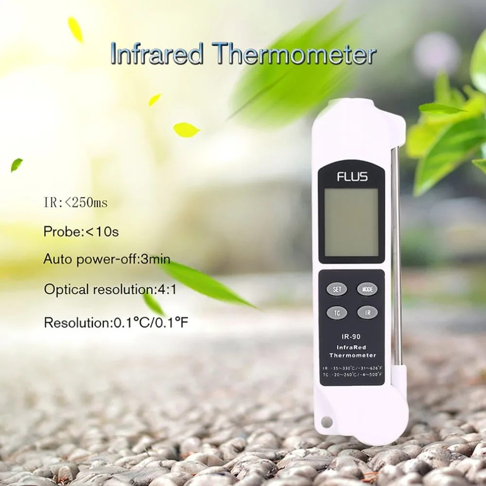 

FLUS IR-90 Digital LCD Handheld 2 in 1 IR Contact Infrared Thermometer Red Laser Non Contact Temperature Meter Gun Pyrometer