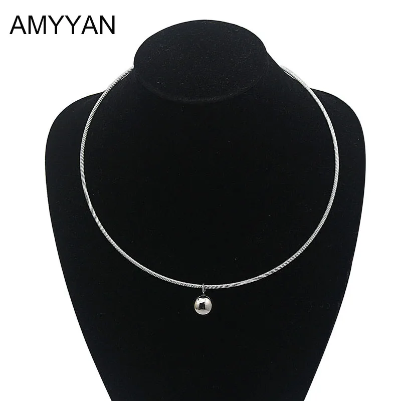 Европейский стиль, простой круглый шар, Подвеска для женщин, женская металлическая серебряная проволока, ожерелье-ошейник из нержавеющей стали