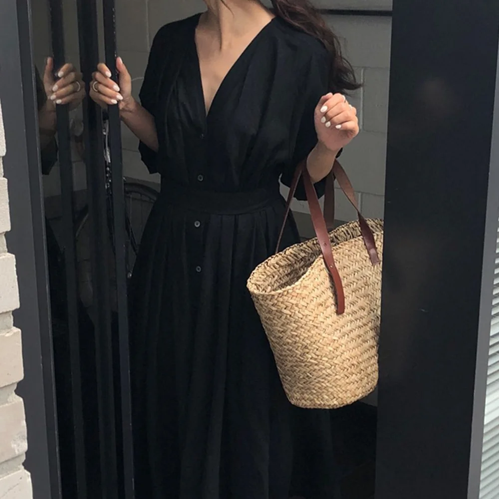 Винтажное Женское Платье черное с v образным вырезом весеннее хлопковое Vestidos