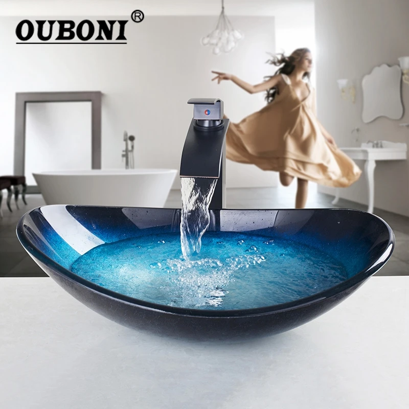 

OUBONI Combo Set Counter Top Round Taps Sink Faucet Vessel Drain Bathroom Sink Vanity Waterfall Spout Chrome Tap Bath Set Faucet