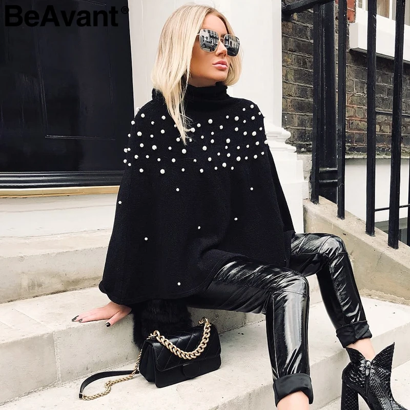 Tanie BeAvant golf dziergany sweter zimowy kobiety dzianiny luźny sweter jumper pull femme 2019 perłowy zroszony nadwymiarowy sweter cape