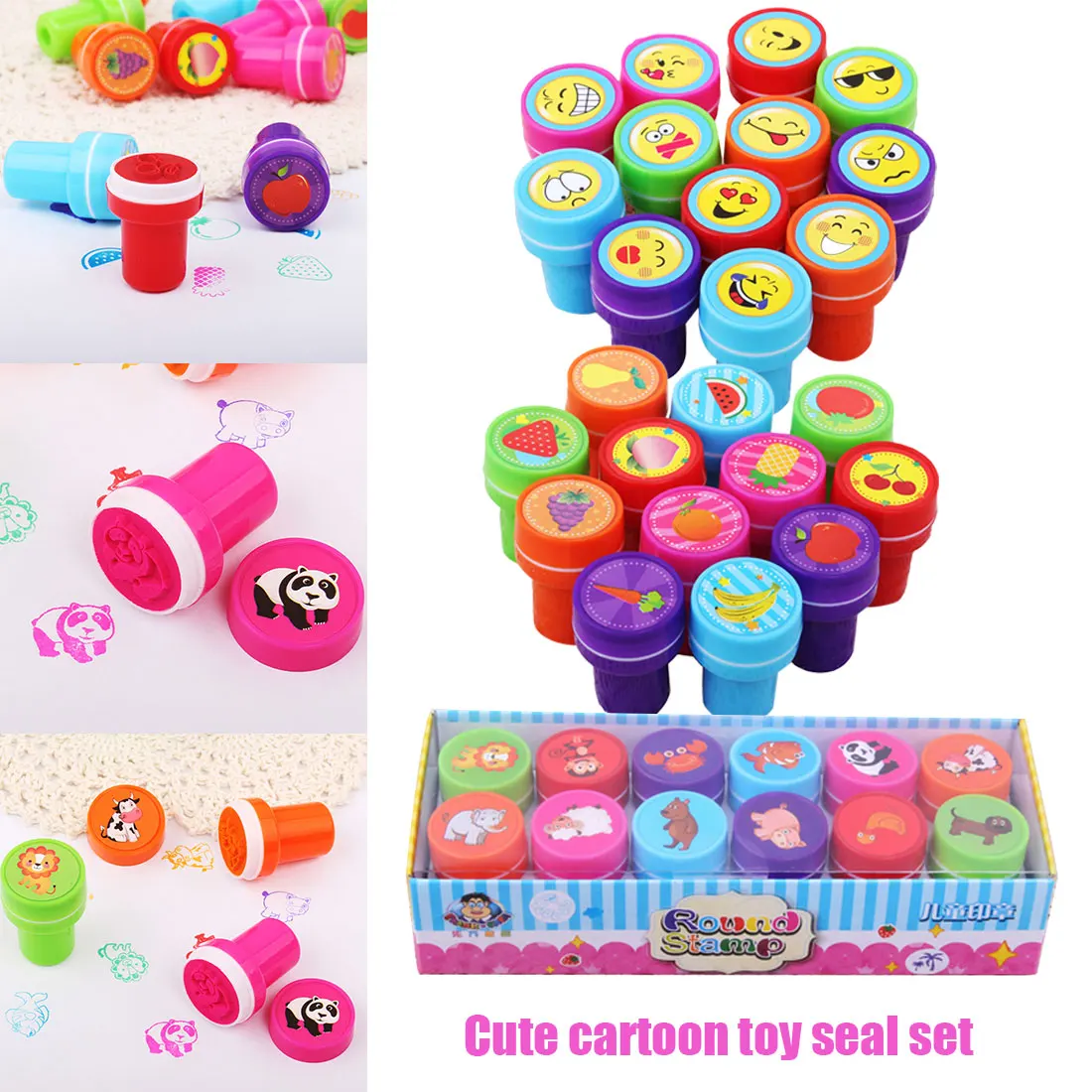 

Round Multi color Fun 12 Pcs Cute Fruits Children DIY Scrapbook Kids Stamp Cartoon Animal Rubber Stamps Scrapbooking Reward Toy