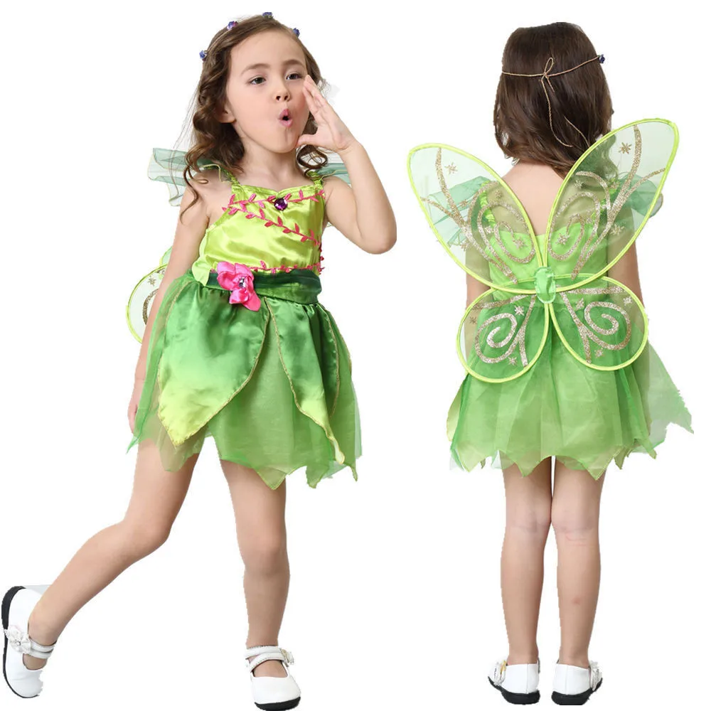 

Green Tinkerbell Fairy Costume Tinker Bell Princess Fancy Dress with wing Halloween